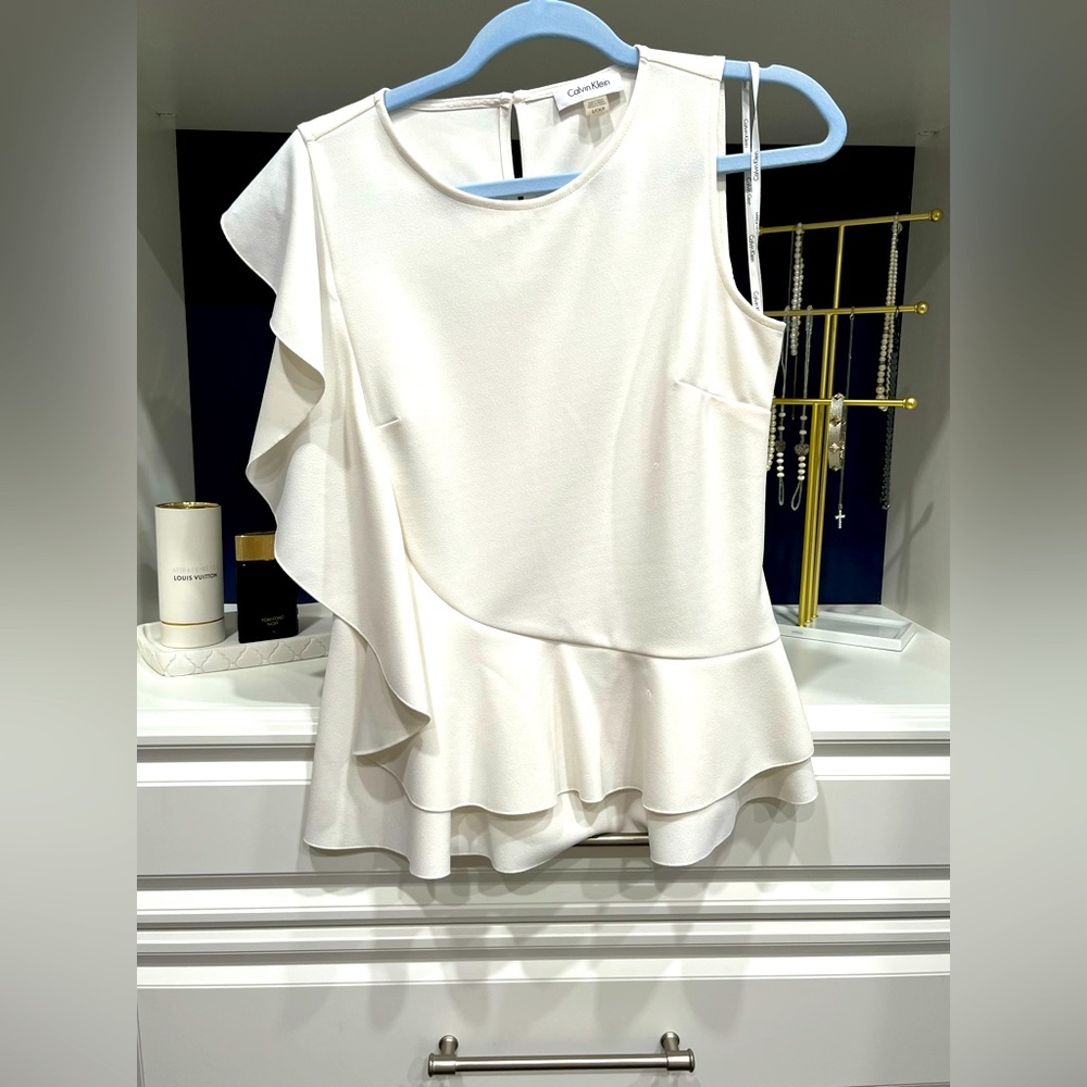 Calvin Klein White professional small blouse one ruffle shoulder good co…